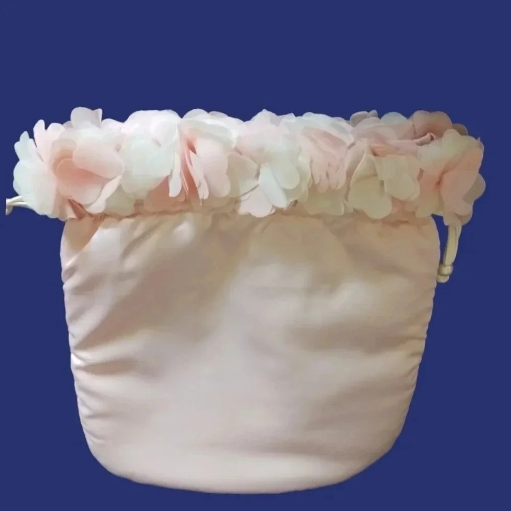 Aimer satin Dragstring Pouch Bag W/Stunning Floral Around The Top Blush Pink